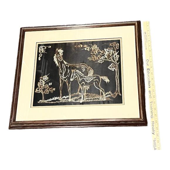 VTG 1930s Embroidery Under Glass HORSE ART Framed Mare Colt Filly Trees 18.5x22" - Picture 7 of 8